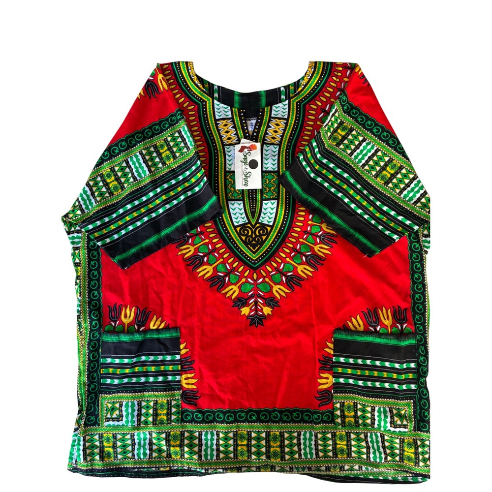 Advance Apparels Mens Dashiki Shirt Red Rasta Tribal Print VNeck Tunic Large NEW